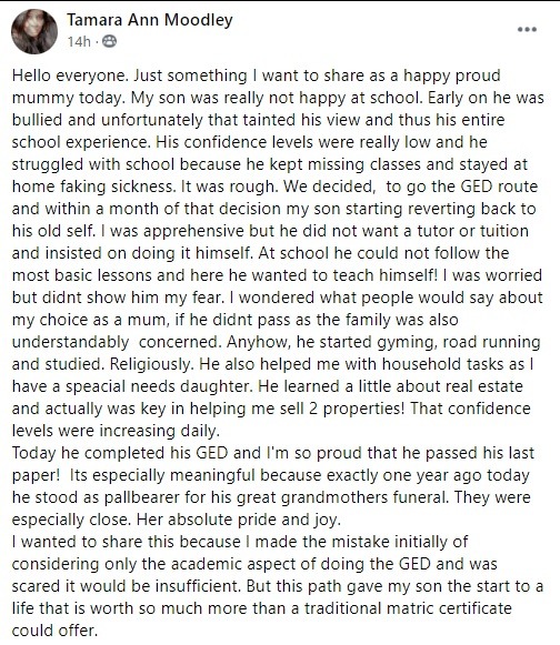 Tamara's GED customer testimonial of her son's GED success story